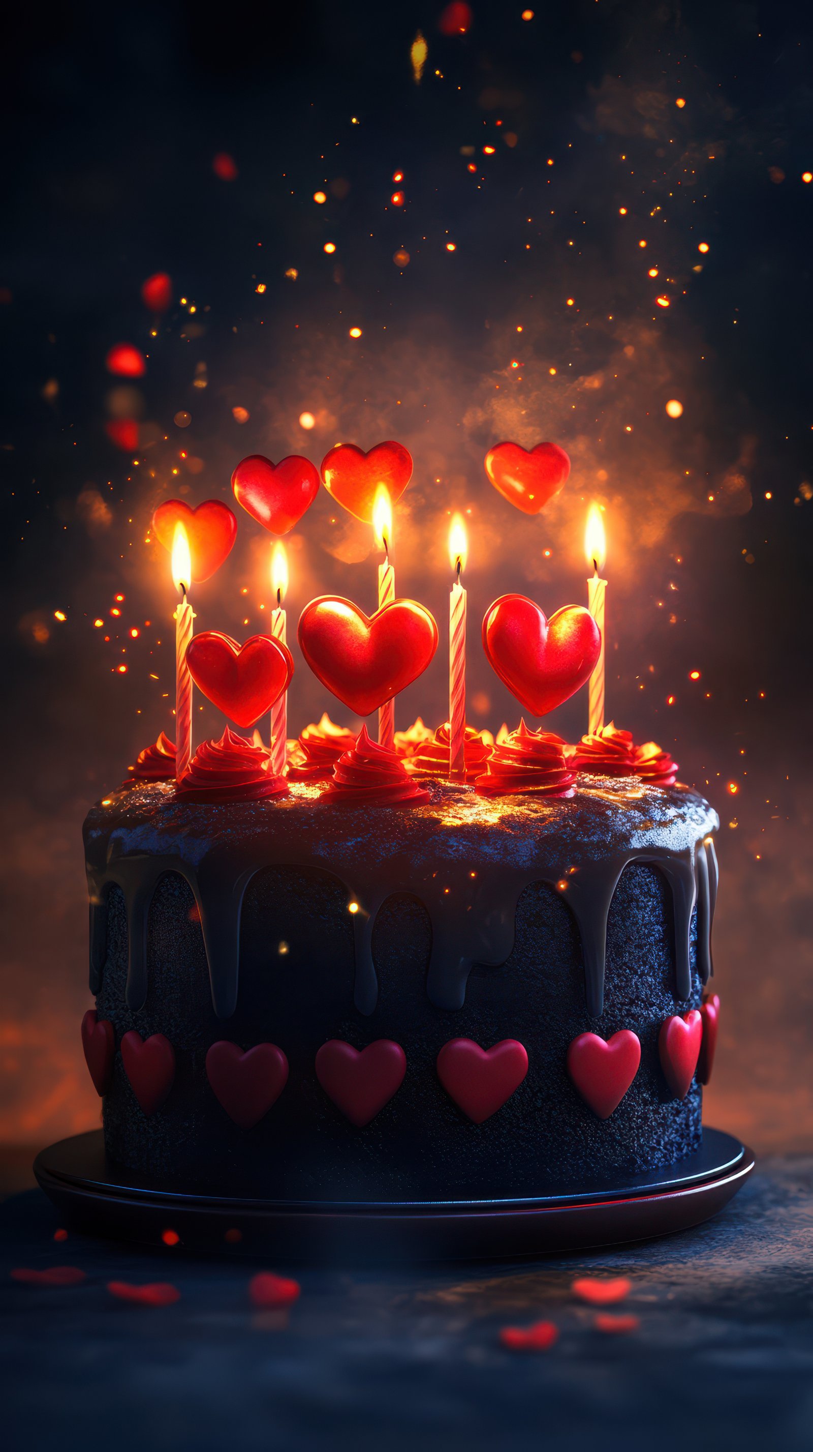 Delicious chocolate cake decorated with heart-shaped candles and vibrant sparks at a celebration